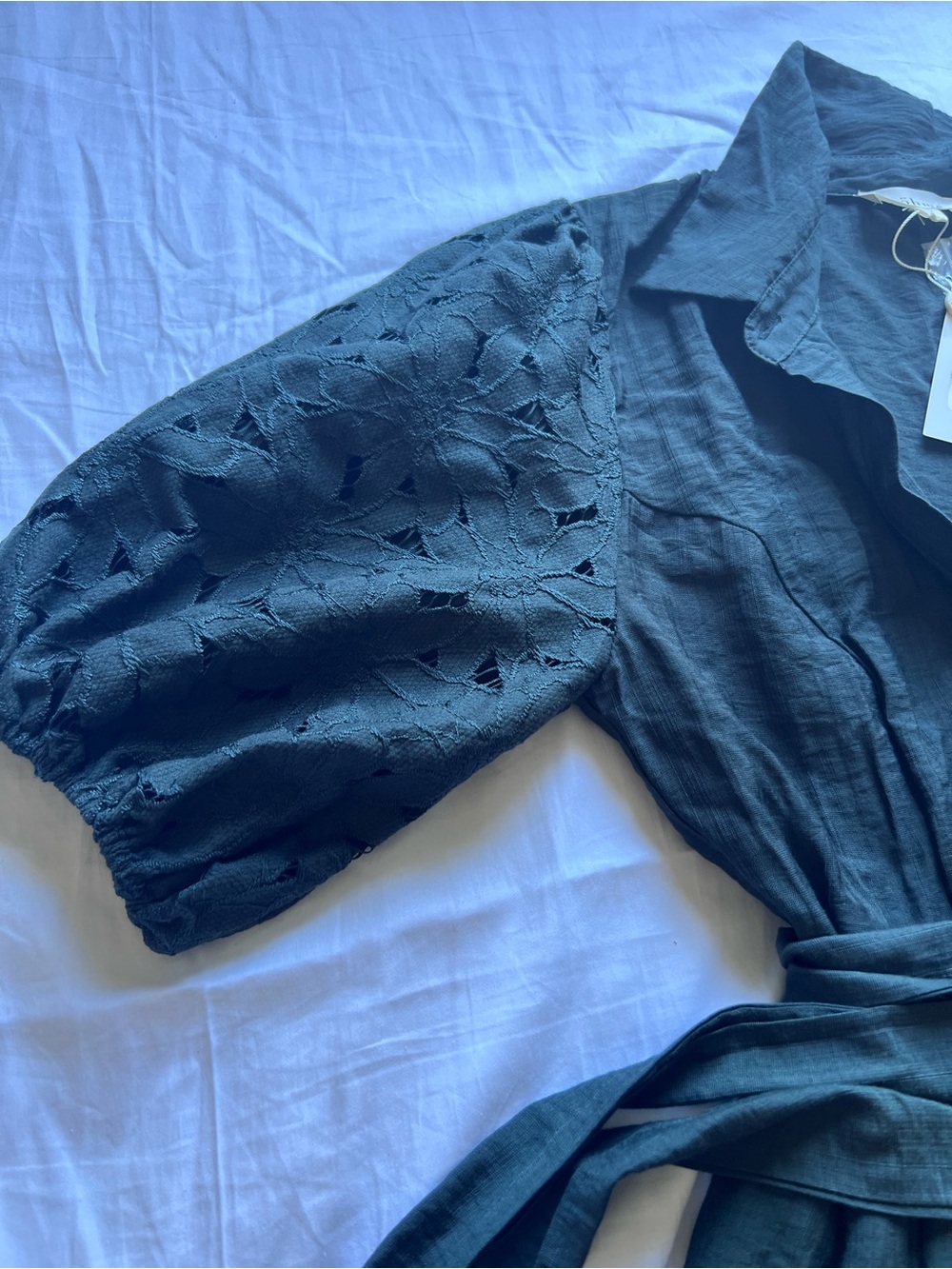 bohme Dark Green Eyelet Button-Front Midi Dress with Tie Waist - Picture 4 of 6